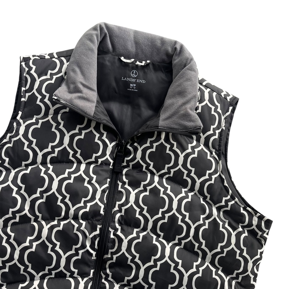 Lands' End Women's M/P 10-12 Gray White Quatrefoil Quilted Puffer Zip Down Vest